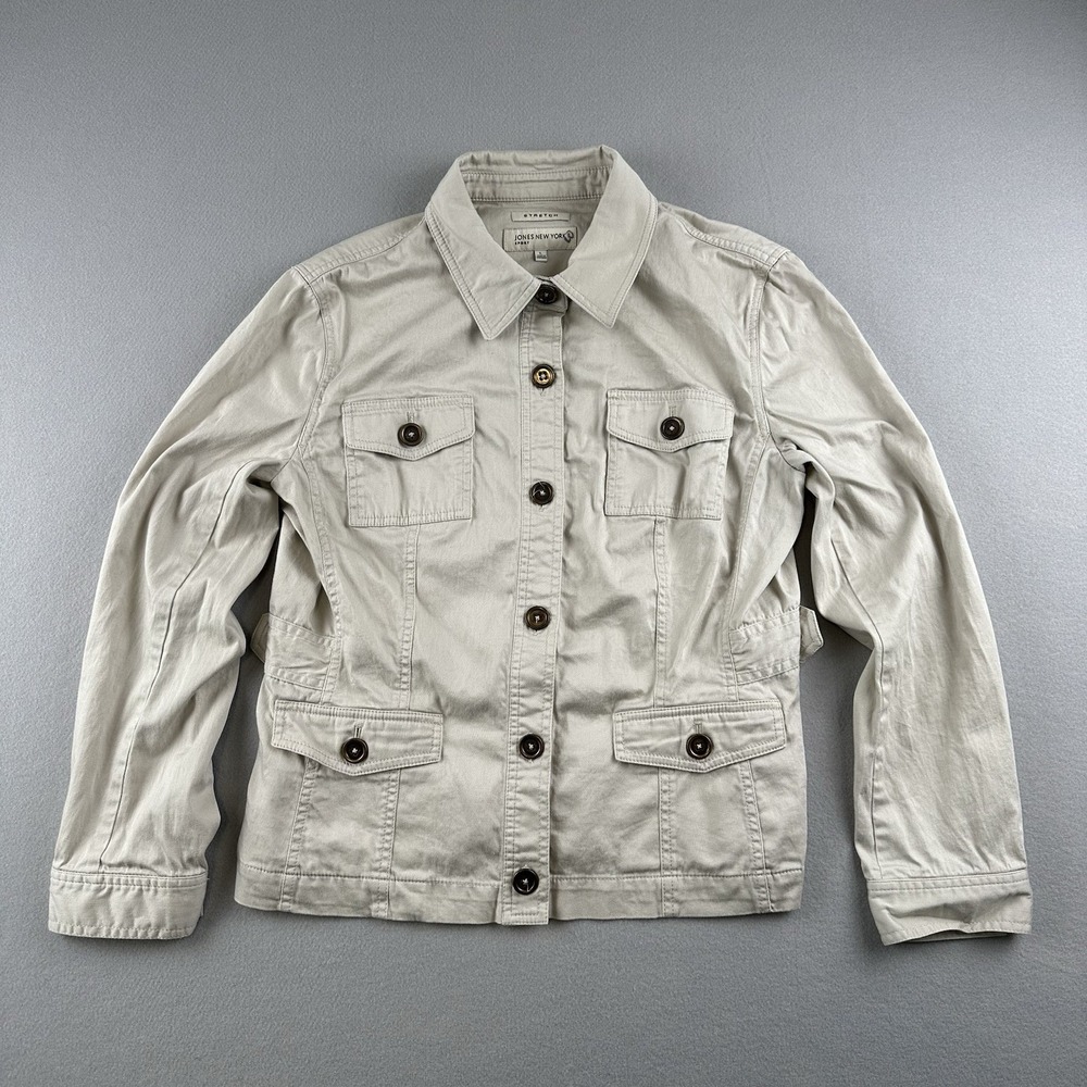 Jones New York Sport Jacket Womens Large Beige Stretch Utility Button Up Pocket